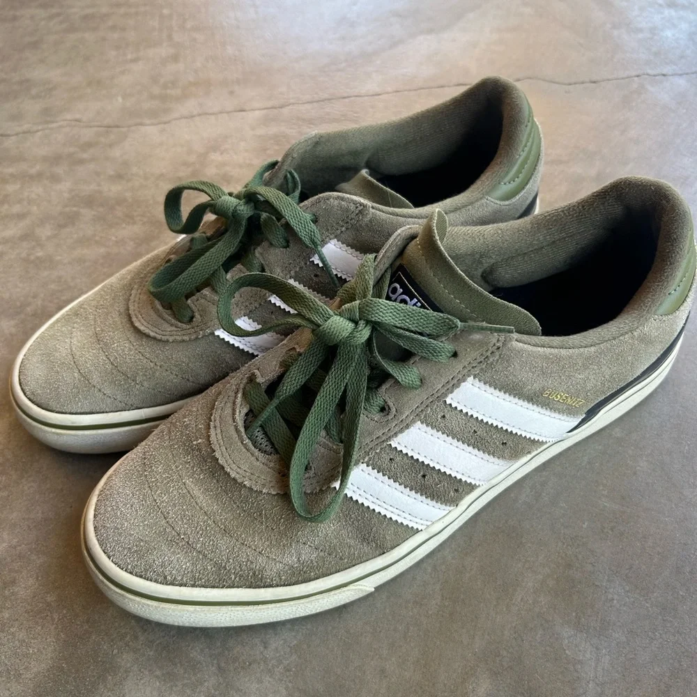 adidas Olive Green Busenitz Suede skate Sneakers with White Stripes - Picture 1 of 6
